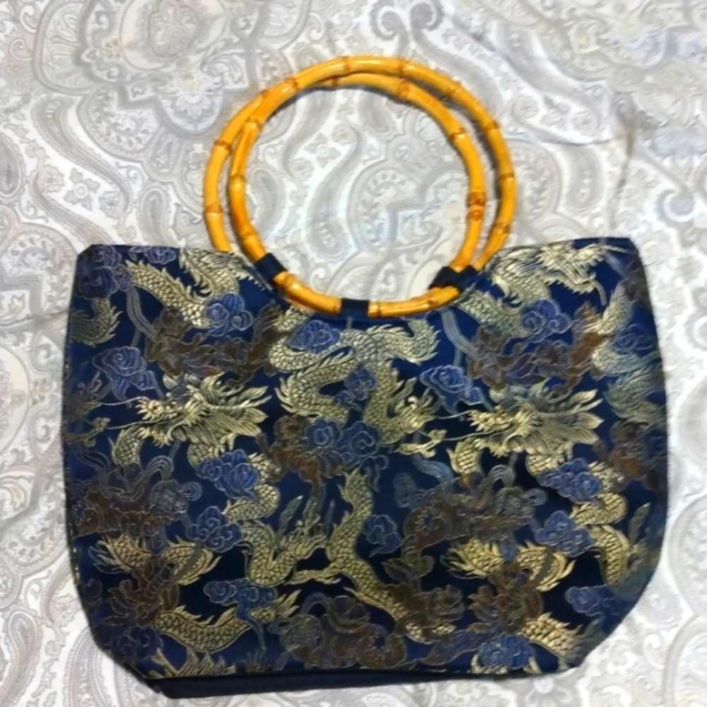 Handbag blue and gold dragons...bamboo handles...